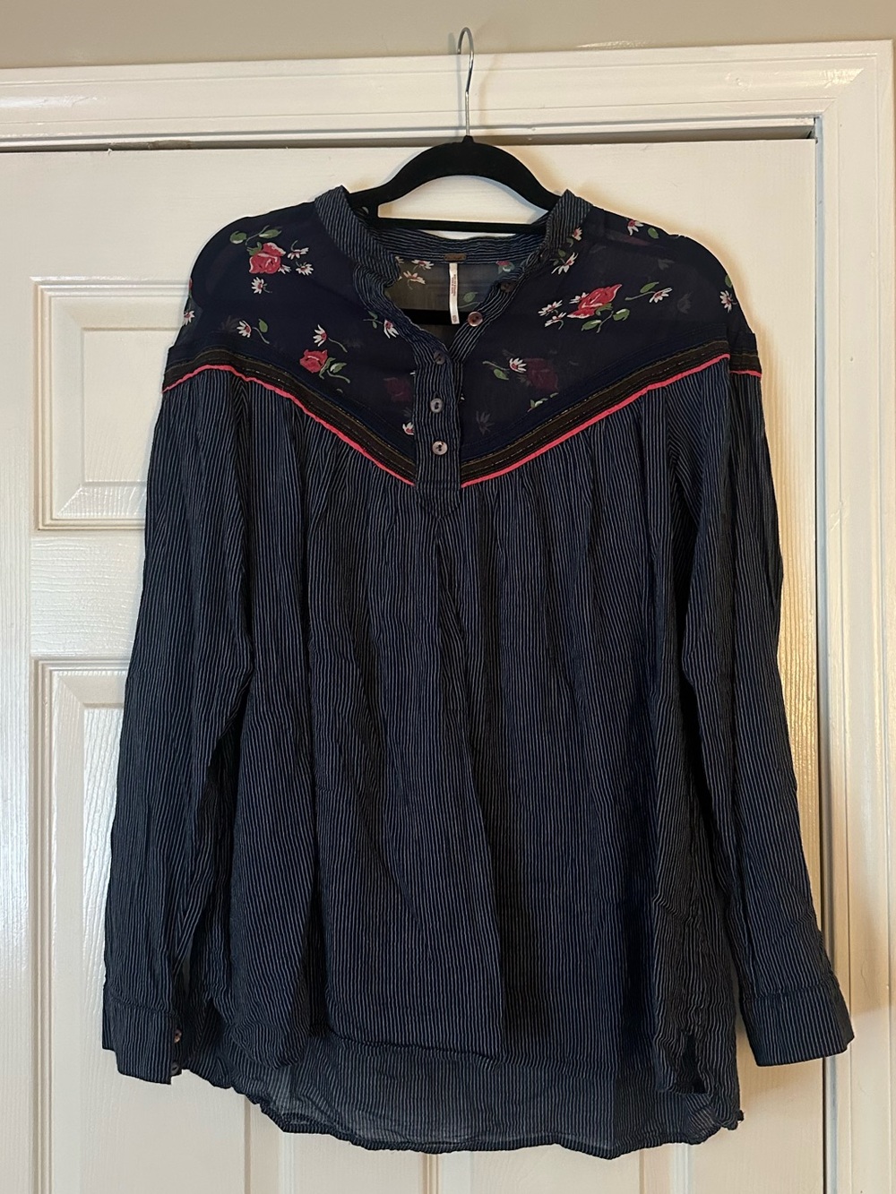 Free People Navy Floral Embroidered Pullover Blouse